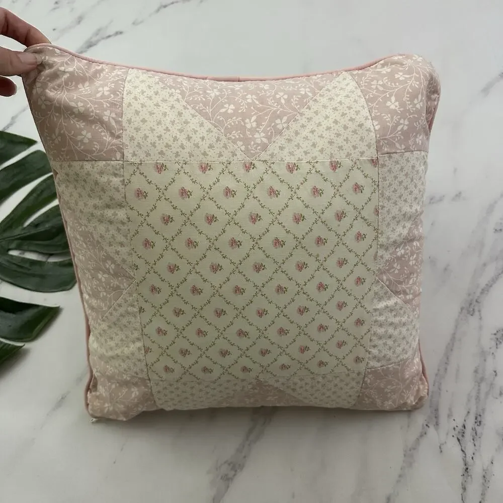 Laura Ashley Vintage Y2k Throw Pillow Pink White Patchwork Floral Down Insert